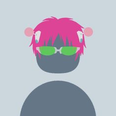 a man with pink hair and green sunglasses on his head, in front of a gray background