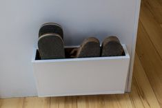 there are two pairs of shoes in the shoe box on the floor next to each other