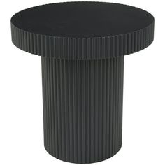 a black round table with pleated design on the top and bottom, standing in front of a white background