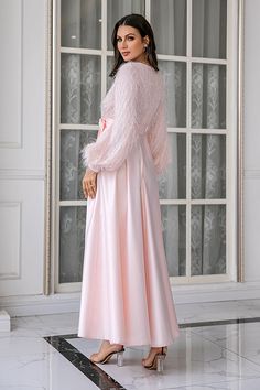 Pink Long Sleeves Wedding Party Dress Long Sleeve Dresses For Wedding And Prom Season, Elegant Ball Gown Evening Dresses For Banquets, Elegant Ball Gown Evening Dress For Banquet, Elegant Evening Dress For Prom Season Banquet, Elegant Spring Banquet Gown, Feminine V-neck Evening Dress For Party, Elegant Evening Dress For Banquet And Prom, Long Sleeve Fitted Bodice Bridesmaid Dress For Party, Elegant Chiffon Mother Of The Bride Evening Dress