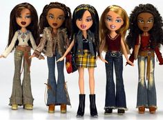 five dolls with different outfits and hair are lined up in a row on a white background