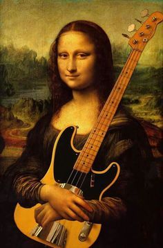 a painting with a guitar in it's hand and an image of the monaine holding