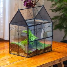 a glass house with plants inside on a table