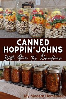 jars filled with food sitting on top of a counter next to a sign that says canned hoppin'johns