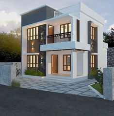 a two story white and grey house with lights on