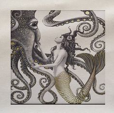 a card with an image of a mermaid and an octopus on it's back