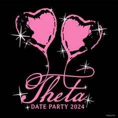 two pink heart shaped balloons with the word's date party written below them on a black background