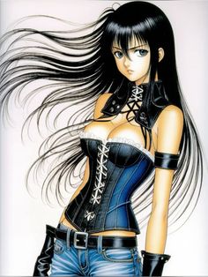 a drawing of a woman with long black hair and blue corset, standing in front of a white background