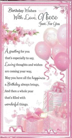 a pink birthday card with balloons and presents