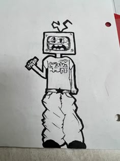 a drawing of a man with a tv on his head and arms in front of him