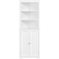 a white bookcase with two doors and shelves