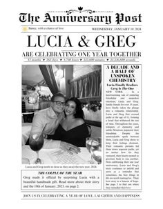 Make your anniversary unforgettable with this custom anniversary newspaper print, featuring your unique love story in a beautiful vintage newspaper design. Perfect for commemorating your special day, this personalized print captures your journey together with custom headlines, names, dates, and special details. Whether celebrating a wedding anniversary, engagement, or milestone moment, this keepsake is the perfect romantic gift for couples. Each print is professionally designed and tailored to your specifications, creating a timeless treasure that can be displayed in any home or office. Simply provide your details and receive a one-of-a-kind, ready-to-frame gift that will be cherished for years to come. Order now for a unique, thoughtful anniversary gift that will leave a lasting impressio Vintage Inspired Engagement Photos, Anniversary Newspaper, Newspaper Template Design, Bf Gift Ideas, Anniversary Journal, Newspaper Gift, Bf Gift, Wedding Setup, Wedding Newspaper