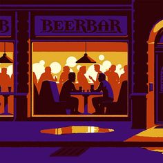 an image of people sitting at a table in front of a beer shop with lights on