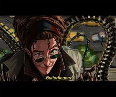 an animated image of a man holding a snake in his hand with the words butterfingerers on it