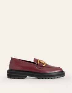 These Iris snaffle loafers are sleek and smart with a chunky sole. They're made from hardwearing leather in a choice of neutral, oh-so versatile shades. Casual Burgundy Loafers With Leather Sole, Red Flat Loafers With Leather Sole, Red Leather Loafers With Textured Sole, Burgundy Leather Loafers With Red Sole, Red Leather Sole Flat Loafers, Boot Socks, Midi Shirt Dress, Socks And Sandals, Girl Sweatshirts