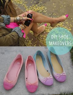 A bunch of shoe makeovers, i especially love these ballet flats inspired by anthropologie Diy Wedding Shoes, Weddings Shoes, Diy Prom, How To Dye Shoes, Diy Ombre, Upcycle Clothing, Diy Clothes And Shoes