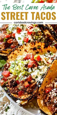 the best mexican street tacos recipe on a plate with text overlay that reads, the best carne asada street tacos