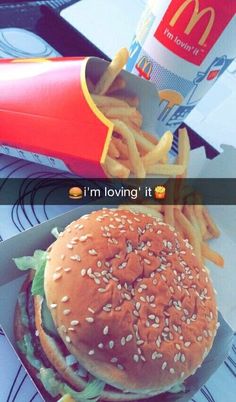 a hamburger and french fries with the caption i'm loving it on them