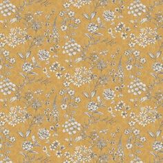 a yellow floral wallpaper with white and grey flowers