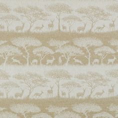 an animal print wallpaper with trees and animals in the background on a beige ground