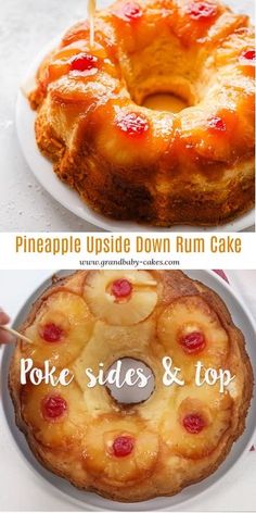 pineapple upside down rum cake on a plate with the words poke sides and top