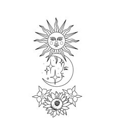 the sun and moon are depicted in this coloring page with flowers on each one side