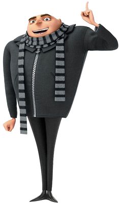 the animated character is dressed in black and gray clothing, with his hands on his hips