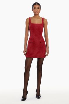 Girl in red houndstooth dress Chanel Tweed Dress, Tweed Outfits, Square Neck Mini Dress, Dress Square Neck, Chanel Tweed, Red Dress Outfit, Teenage Fashion, Amanda Uprichard, Exclusive Dress