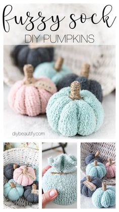 some crocheted pumpkins are sitting on the table