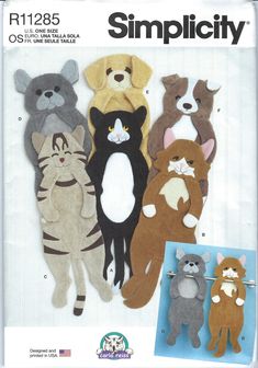 an image of stuffed animals in the shape of cats and dogs on a white background