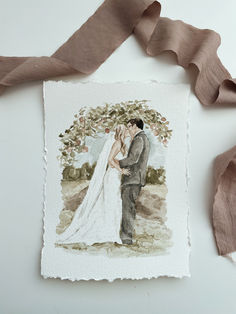 a watercolor painting of a bride and groom kissing under a tree with brown ribbon