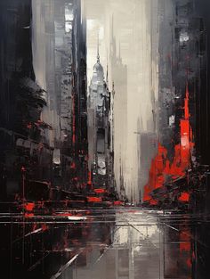 an abstract cityscape with red and black colors