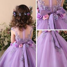 Chic / Beautiful Church Wedding Party Dresses 2017 Flower Girl Dresses Lilac Ball Gown Tea-length Scoop Neck Sleeveless Backless Lace Flower Appliques Sequins Pearl Lilac Ball Gown, Vestido Color Lila, Lace Dress For Kids, Kids Prom Dresses, Cute Formal Dresses, Purple Lace Dress