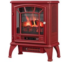 a red stove that is on top of a stand