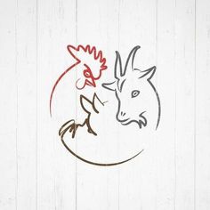 two roosters are facing each other on a white wooden background with red and black lines