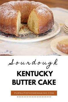 a pound cake on a plate with the words kentucky butter cake in front of it