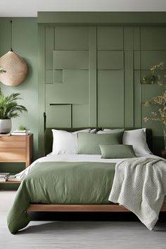 a bed with green sheets and pillows in a bedroom next to a wooden cabinet door