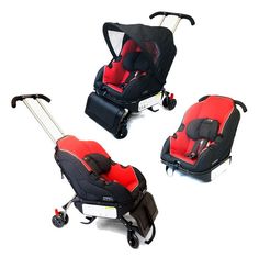 three different types of strollers with wheels and seats on them, one is red and the other is black