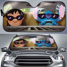 two cartoon characters sitting in the passenger seat of a car, one with sunglasses on