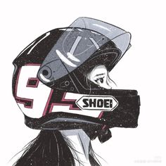 a drawing of a woman wearing a helmet with the word shoe on it's side