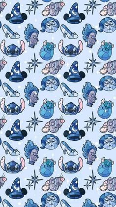 a blue and white background with cartoon characters on it