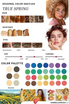 This easy and simple season color analysis for women will improve your look and style. Find your seasonal color palette that works best for your complexion. 12 season color analysis, winter, spring, autumn, and summer. Season color palettes and how to find out which season you are. Warm or cool undertones, hair tones, and eye color charts for each season color. clear spring, warm spring, light spring, light summer, cool summer, soft summer, soft autumn, warm autumn, deep autumn, deep winter, ... Warm True Spring Color Palette, True Spring Palette Outfits, True Spring Fashion, Seasonal Color Analysis Spring, True Spring Hair Color Palette, True Spring Winter Outfits, True Spring Color Analysis, Spring Color Palette Analysis, Color Seasons Palette