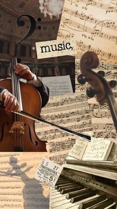 a collage of musical instruments and music sheets with the words music written on them