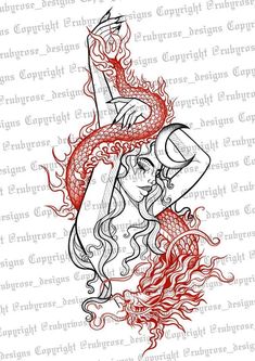 a drawing of a woman with a dragon on her back, in red and black ink