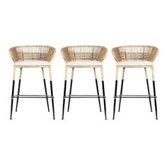 three rattan bar stools with black legs