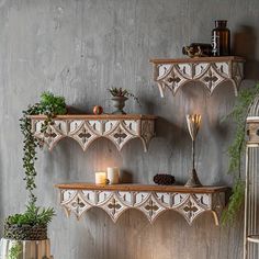 two shelves with candles and plants on them against a wall next to a birdcage