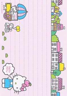 an image of hello kitty on the side of a pink wall with buildings and clouds