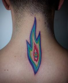 a man's neck with a colorful tattoo on the back of his neck and an eye in the center