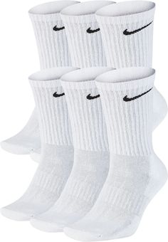 From playtime to game day, the Nike Everyday Crew Socks keep you going. They're powered by Dri-FIT technology and have cushioning underfoot to keep your feet comfy with every move. Fit & Design: Dri-FIT technology helps keep you dry and comfortable Midfoot arch band brings a supportive feel Targeted cushioning gives extra comfort 6 pairs per pack Machine wash White Nike Socks, Nike Crew Socks, Nike Socks, Swoosh Logo, Nike Kids, Athletic Socks, White Nike, White Sock, Black & White