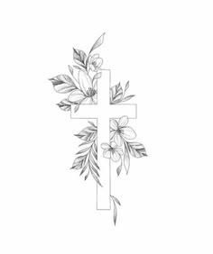 a cross with flowers on it and leaves around the cross, drawn in black ink